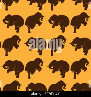 seamless pattern of dancing elephants silhouette brown on orange background. Vector image Stock Vector