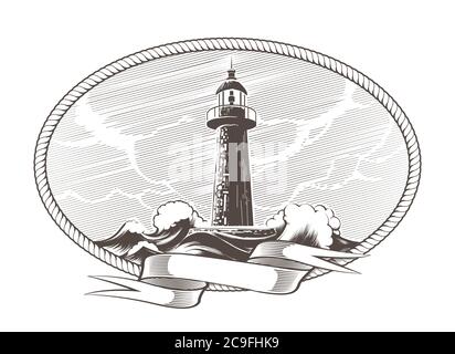 Lighthouse and Stormy Sea with blank ribbon in a circle of rope vintage engraving Emblem. Vector Illustration Stock Vector