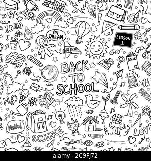 back to school doodle icons seamless pattern background. hand drawn education sign and stationery supply item and equipment symbols isolated on white Stock Vector
