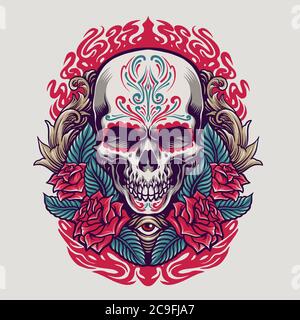 Dia de los muertos Mexican skull illustration culture and for merchandise stickers, clothing line Stock Vector