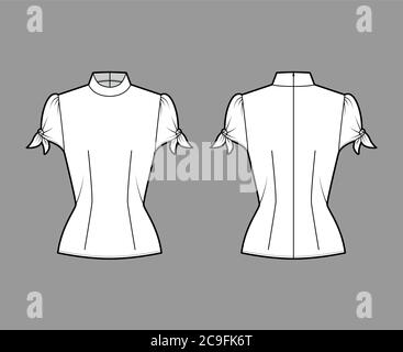 Knotted cutout blouse technical fashion illustration with high neckline, puffed volume sleeves, back zip fastening. Flat apparel template front, back white color. Women men unisex garment CAD mockup Stock Vector