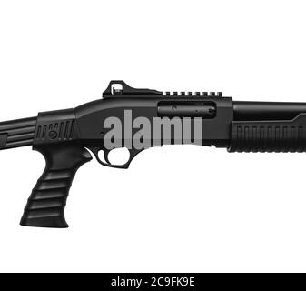 Modern pump action tactical shotgun isolate on a white background. Armament of the police, army and special units. Weapons for sports and self-defense Stock Photo