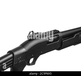 Modern pump action tactical shotgun isolate on a white background. Armament of the police, army and special units. Weapons for sports and self-defense Stock Photo