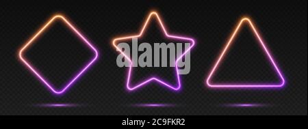Neon gradient frames set, collection of orange-purple glowing borders. Bright illuminated shapes. Stock Vector