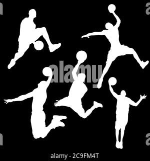 White silhouettes of a basketball player on a black background Stock Vector