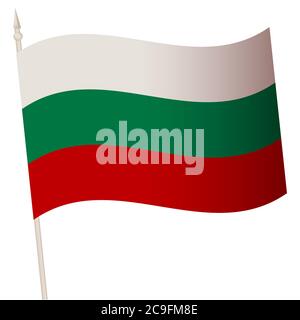 Vector Waving flag on a flagpole. The national flag of Bulgaria. Color symbol isolated on white. Stock Vector