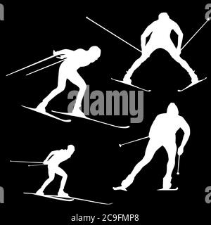 White silhouettes of a skier on a black background, winter sport Stock Vector