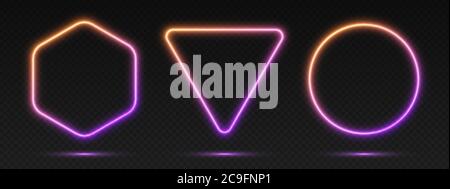 Neon gradient frames set, collection of orange-purple glowing borders. Bright illuminated shapes. Stock Vector