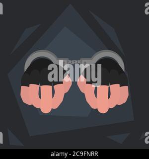 Hands of a thief in handcuffs on a dark background Stock Vector