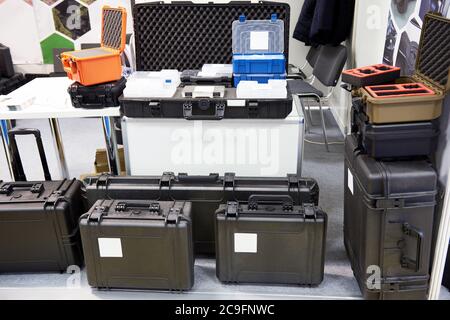 Black tools boxes in hardware store Stock Photo