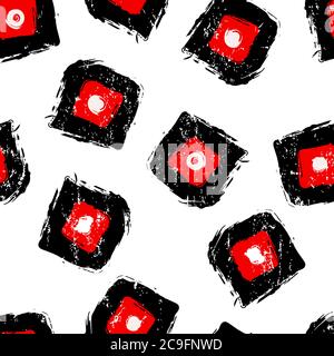 seamless background pattern, with squares, circles, strokes and splashes, black and white Stock Vector