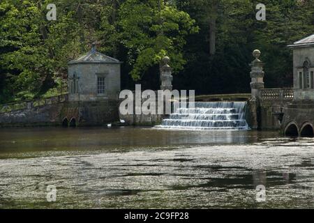 Fishing Tabernacles and waterfall, Studley Royal Water Gardens, Ripon, North Yorkshire, England, United Kingdom. Stock Photo