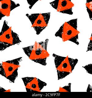 seamless background pattern, with triangle, circles, strokes and splashes, black and white Stock Vector