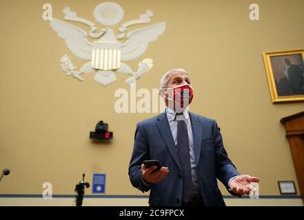 Washington DC, USA. 31st July, 2020. Dr. Anthony Fauci, director of the National Institute for Allergy and Infectious Diseases, arrives to testify before the House Subcommittee on the Coronavirus Crisis during a hearing on a national plan to contain the COVID-19 pandemic, on Capitol Hill in Washington, DC on Friday, July 31, 2020. Credit: Kevin Dietsch/Pool via CNP /MediaPunch Stock Photo