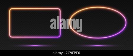 Neon gradient frames set, collection of orange-purple glowing borders. Bright illuminated shapes. Stock Vector