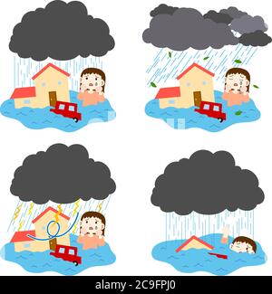 This is a illustration of Town affected by heavy rain and flood Stock Vector