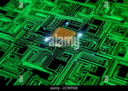 Microchip, power and speed. Presentation of the new microchip. Processor of a computer. Printed circuits. Information, quantum computer Stock Photo