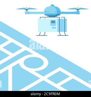 Quadcopter carrying a box and flying over the map of a city Stock Vector