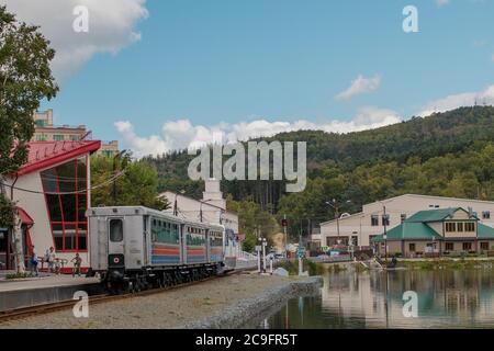 Yuzhno-Sakhalinsk, Russia - September 4, 2019: Sakhalin children's railway in the city park named after Yuri Gagarin. The train is at the station. Stock Photo