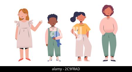 Stylish toddlers collection, little children, boys and girs in modern fashionable clothes standing in a row, faceless isolated cartoon characters Stock Vector