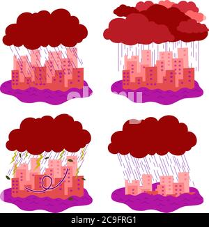 This is a illustration of Buildings damaged by heavy rain and flood Stock Vector