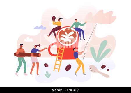 Tiny people team making coffee at coffeehouse, little humans teamwork, men and women, miniature characters carrying coffee beans, making milk foam Stock Vector