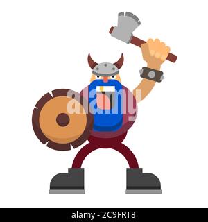 A cartoon viking with a beard and a gold tooth screams raising an axe Stock Vector