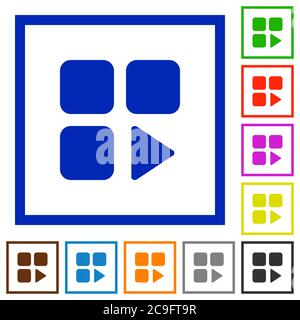 Component play flat color icons in square frames on white background Stock Vector