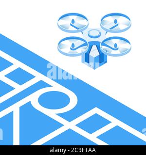 Delivery drone is flying over the map of the city, carrying a box Stock Vector