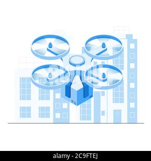 Blue minimalist drone with a box, city on the background Stock Vector