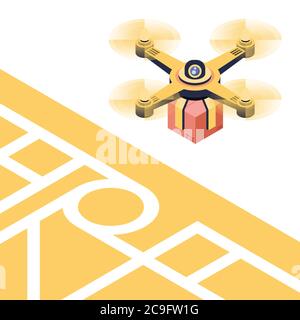 Delivery drone in cartoon style is flying over the map of a city, illustration Stock Vector