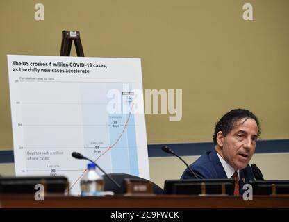 Rep. Jamie Raskin, D-Md., listens to testimony during a House Subcommittee on the Coronavirus Crisis hearing on a national plan to contain the COVID-19 pandemic, on Capitol Hill in Washington, DC on Friday, July 31, 2020. Dr. Anthony Fauci, director of the National Institute for Allergy and Infectious Diseases, Dr. Robert Redfield, director of the Centers for Disease Control and Prevention (CDC), and Adm. Brett Giroir, Assistant Secretary of Health and Human Services for Health, testified before the committee. Photo by Kevin Dietsch/UPI Stock Photo