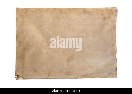 Sheet of dirty old paper on white background. Mockup for your message Stock Photo