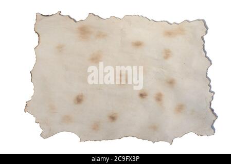 Blank sheet of old paper with jagged scorched edges on white background Stock Photo
