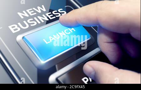 Man Using a New Business System by Pressing a Button on Futuristic Interface. New Business Concept. Business Recovery Process after the Coronavirus Pandemic. Business Macro Photo. Stock Photo