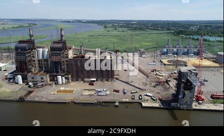 Aerial view of old Coal Power Plant being dismantled in Sayreville, NJ Stock Photo