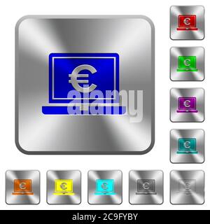 Laptop with Euro sign engraved icons on rounded square glossy steel buttons Stock Vector