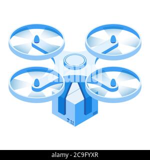 Minimalist delivery drone with four propellers carrying a box, blue Stock Vector