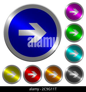 Right arrow icons on round luminous coin-like color steel buttons Stock Vector