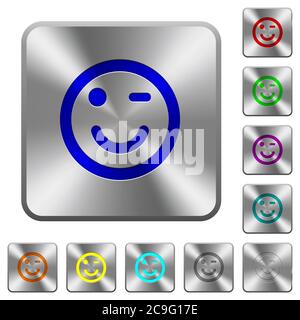 Winking emoticon engraved icons on rounded square glossy steel buttons Stock Vector