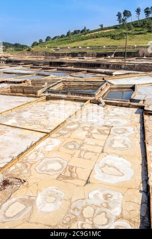 Detail view of the compartments and concentrators of the Rio Maior salt flats in Portugal. Stock Photo