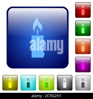 Burning candle with melting wax icons in rounded square color glossy button set Stock Vector