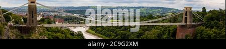 Large panorama of Isambard Kingdom Brunel's Clifton suspension bridge spanning the Avon Gorge, Bristol, England. July 2020 Stock Photo