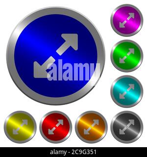 Resize full icons on round luminous coin-like color steel buttons Stock Vector