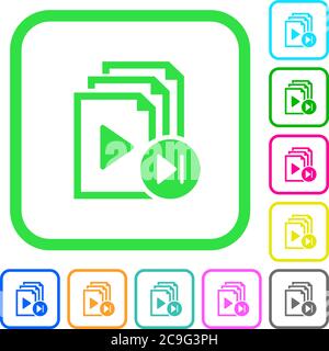 Jump to next playlist item vivid colored flat icons in curved borders on white background Stock Vector