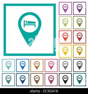 Hotel GPS map location flat color icons with quadrant frames on white background Stock Vector