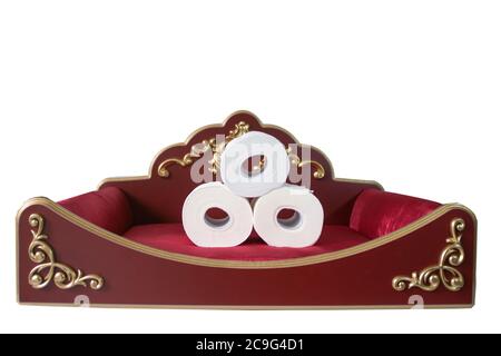 Toilet paper on a royal red velvet pillow getting worshipped during covid-19 Stock Photo