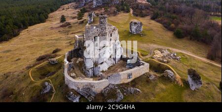 View from drone of Mirow Castle, medieval castle in Silesian Voivodeship, Poland Stock Photo