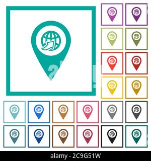 International route GPS map location flat color icons with quadrant frames on white background Stock Vector