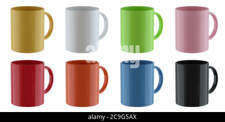 Set of standard colored cups on white background Stock Photo - Alamy